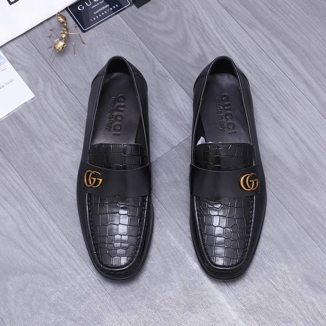 商品商标：Gucci [古驰] 商务皮鞋 正码码数: 38-44 45.订做不退换 商品材料：精选 石头纹牛皮鞋面 牛皮内里 原版大底